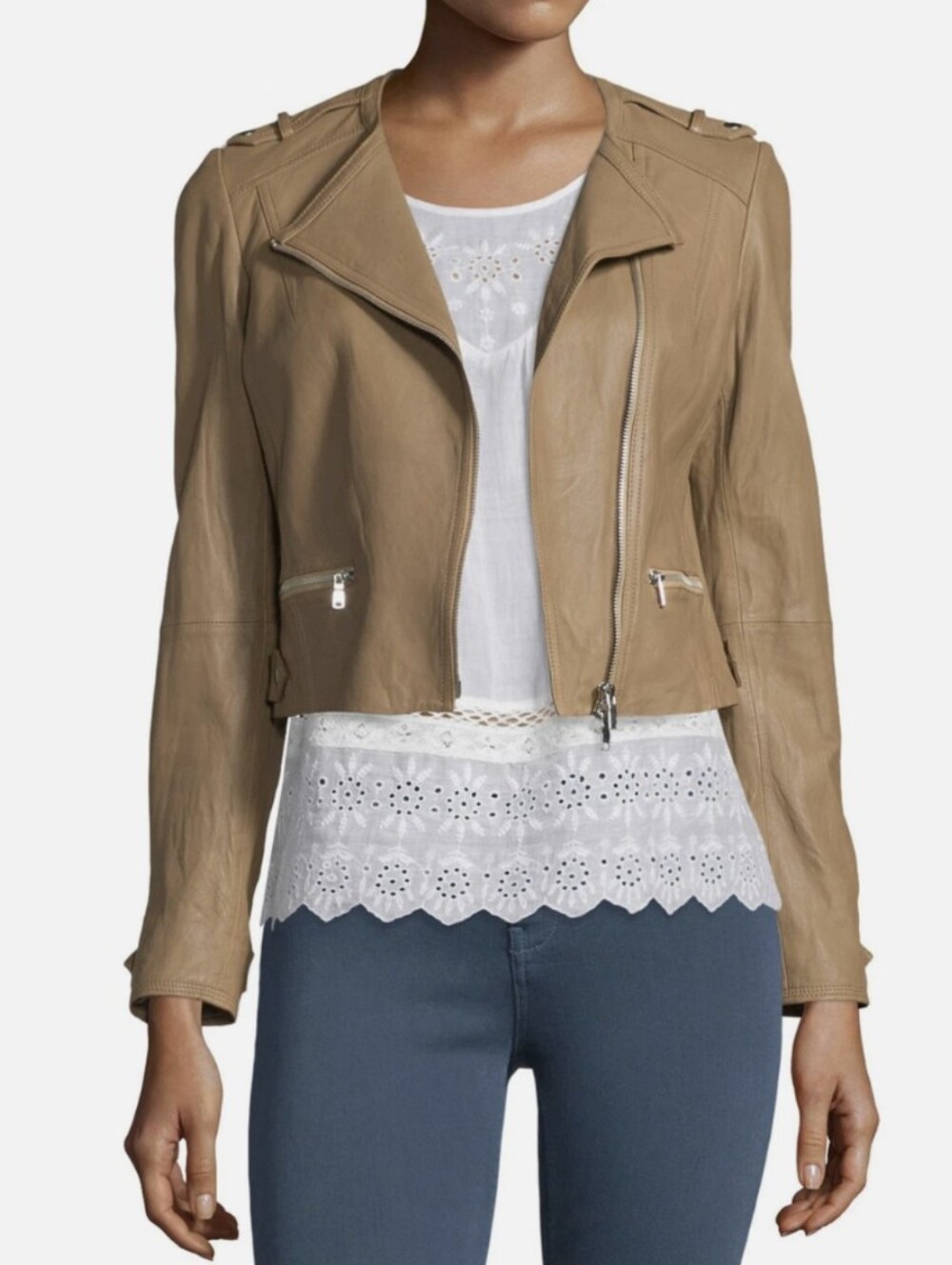 JOIE Odina 100% Lamb Leather Asymmetrical Zip Jacket Medium Camel
